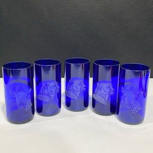 Cobalt blue custom etched tumbler drinking glasses safari theme set of 5